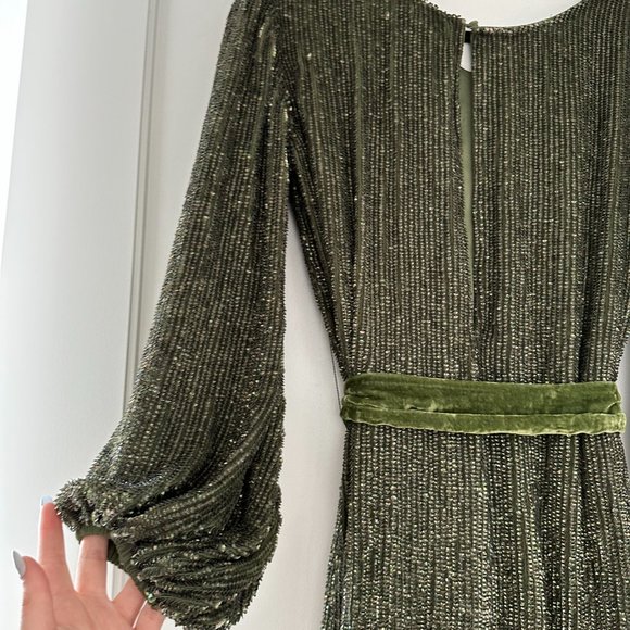 Retrofete Grace Mini Dress Small Army Green Sequins Self-tie Belt Back Keyhole - Picture 8 of 12